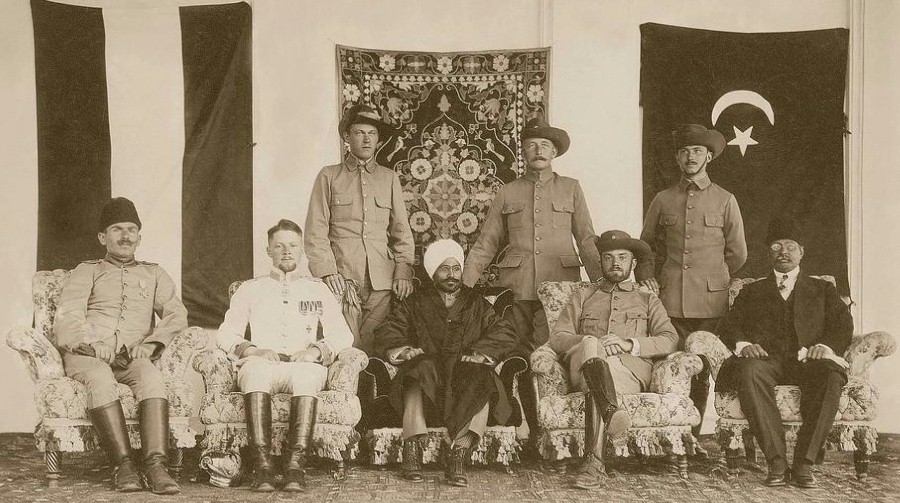 From left to right the photograph shows- K&acirc;zım Orbay, Werner von Hentig, Walter R&ouml;hr, Mahendra Pratap, Kurt Wagner, Oskar Niedermayer, G&uuml;nther Voigt and Maulavi Barkatullah. Photo &copy; Stiftung Bibliotheca Afghanica