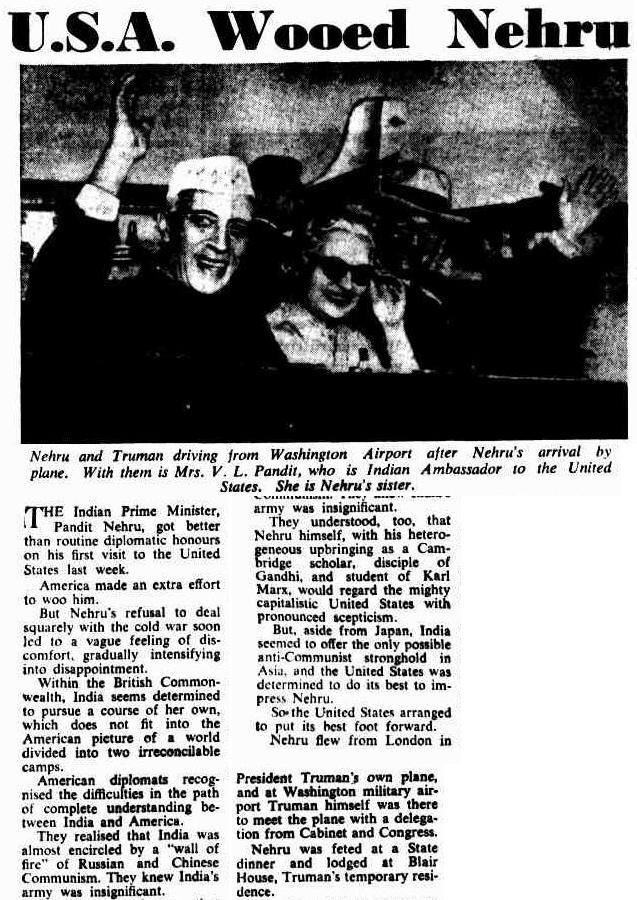 'U.S.A. Wooed Nehru' : From The Sunday Herald, 23 October, 1949