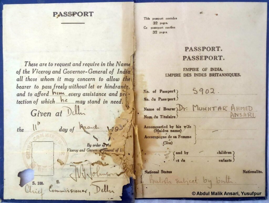 Passport of Dr Mukhtar Ahmad Ansari