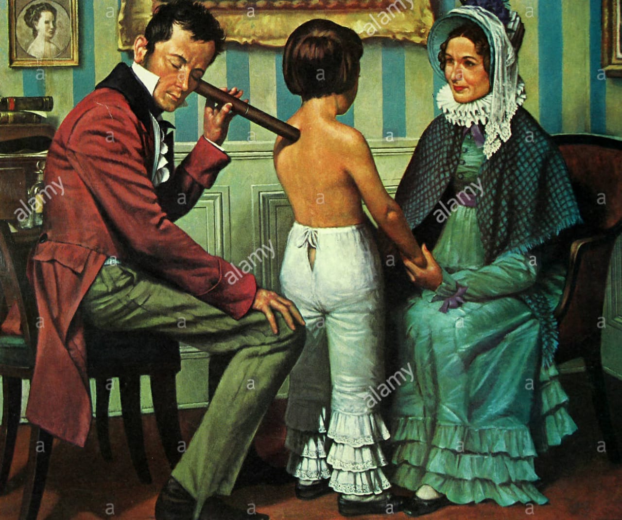 An illustration of a doctor examining patient by using monoaural stethoscope