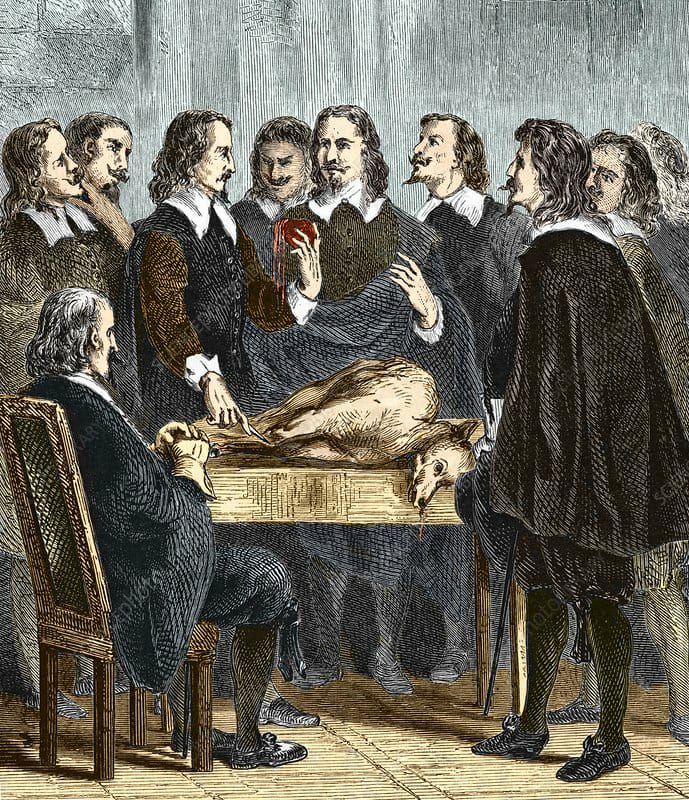 An illustration of William Harvey lecturing on blood circulation