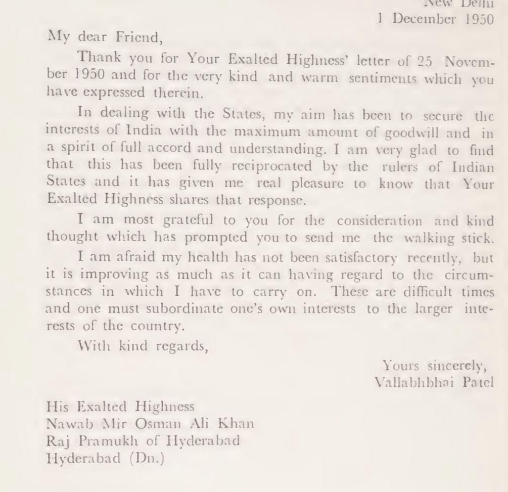 Sardar Patel's Letter, written to the Nizam of Hyderabad