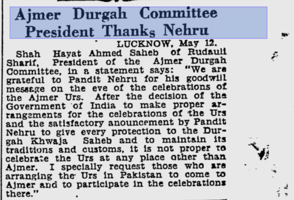 Newspaper Report of Dargah Committee of Ajmer thanking Nehru