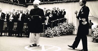 Dr. Abdus Salam receiving Nobel Prize in Physics, first Muslim scientific laureate associated with Aligarh Muslim University